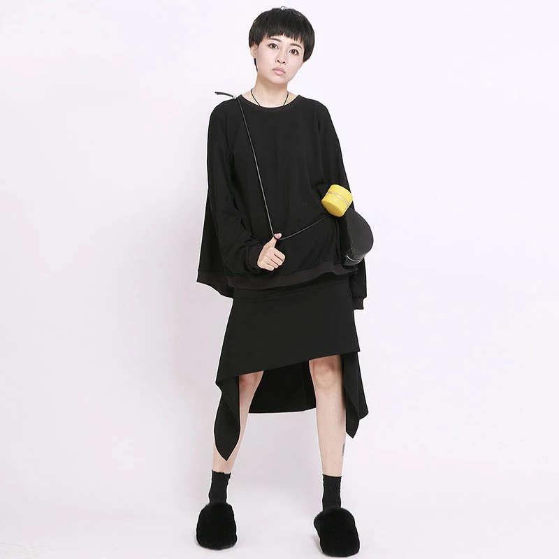 [EAM] 2019 New Spring Round Neck Logn Sleeve Black Personality Stitching Loose Big Size Sweatshirt Women Fashion JH716