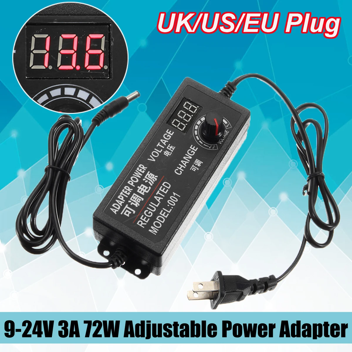 9 24V 3A 72W Speed Control Volt AC DC Adjustable Power Adapter Supply Display Screen UK