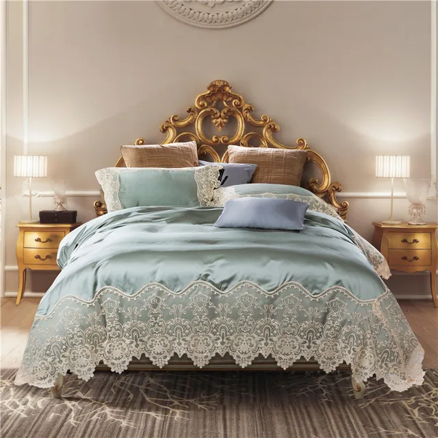 80s silk cotton embroidered lace luxury wedding royal bedding set royal bed sheet