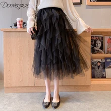 Летняя новая Корейская версия Юбки Женская тонкая кружевная сетчатая юбка в складку пышная Свободная юбка