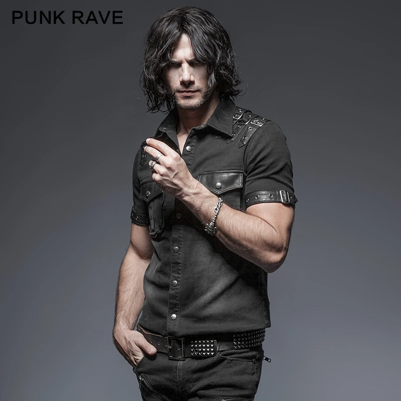 

Punk Rave Rock Steampunk Fashion Men T-shirt Casual Balanced Pocket Short Sleeve Summer Denim Tops T-shirt