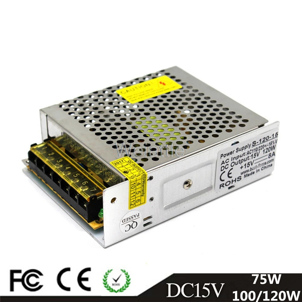 DC15V 75W 100W 120W LED Light Belt Driver Switching Power Supply 110/220VAC Constant Voltage Transformer Monitoring CCTV CNC |