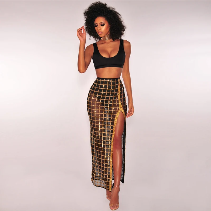 

2018 sexy women 2 two pieces set long dress sequins mesh plaid high split crop top party night club wear see through slit spring