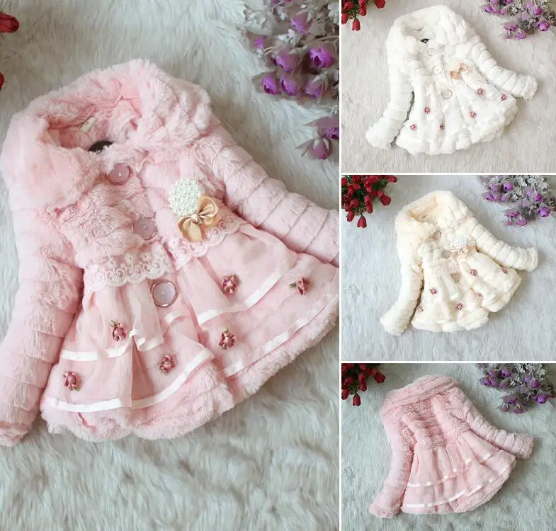 

Autumn Winter wear Clothes baby Children outerwear dress jacket Girls pearl faux fox fur collar coat Retail Clothing with bow