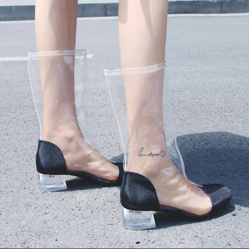 

Hot Sale PVC Summer Shoes Woman Fashion Transparent Women Runway Knee High Boots Stylish Slip On Sexy Clear Botas Mujer 2018