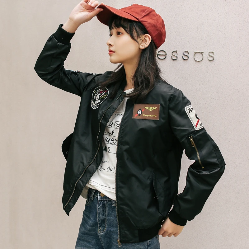 

Fashion Womens Black Baseball Jackets 2019 New Arrival Patch Embroidery Bomber Jacket Women Spring Zipper Long Sleeve Basic Coat