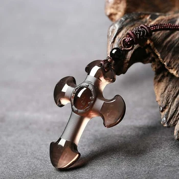 

Top Quality Natural Ice Clear Obsidian Stone Pendant Carved Cross Amulet Lucky Pendant Necklace Women Men's Fahion Stone Jewelry