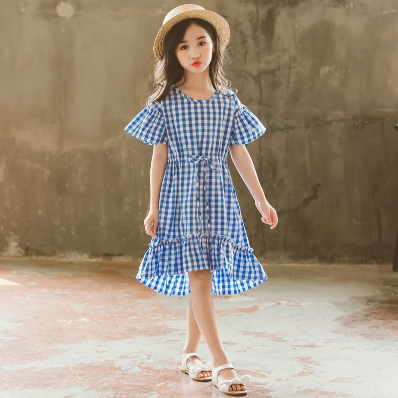 

petal sleeve ruffles little children dress 7 12 14 10 5 years old mermaid summer plaid blue princess girls dresses age 13 10 15