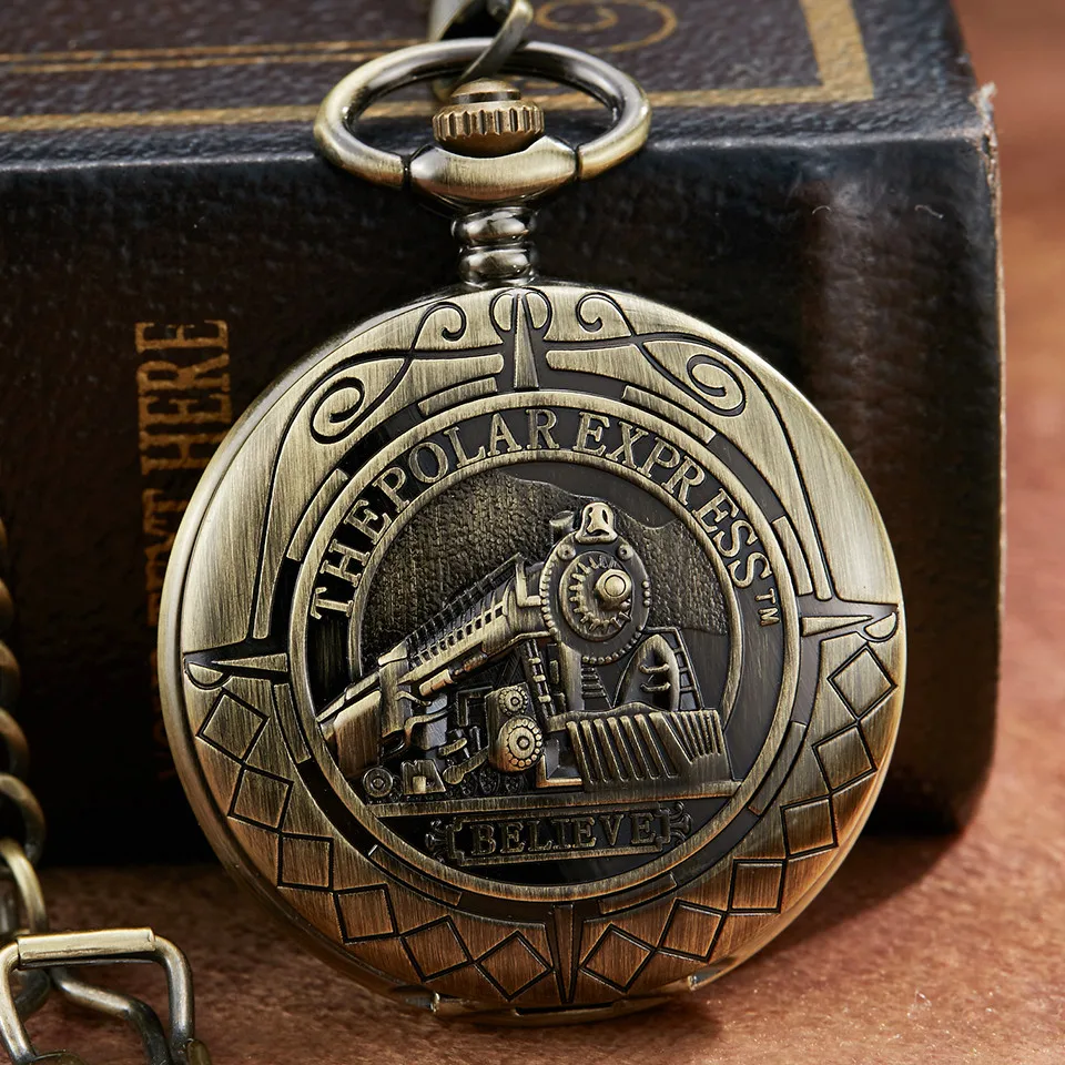 

Bronze Retro Mechanical Pocket Watch The Polar Express Design Roman Numerals Hollow Skeleton Mens Mechanical Pocket Watch Chain