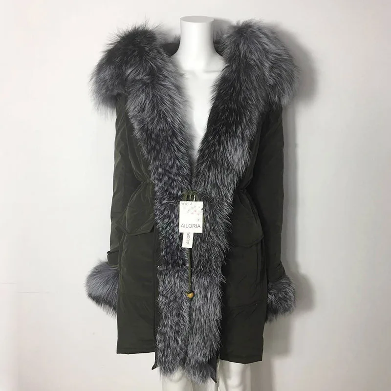 Ailoria бренд Высокое качество зимние женские пальто из натурального меха лисы с капюшоном оригинальная натуральная лиса меховые куртки Женская парка - Цвет: Армейский зеленый