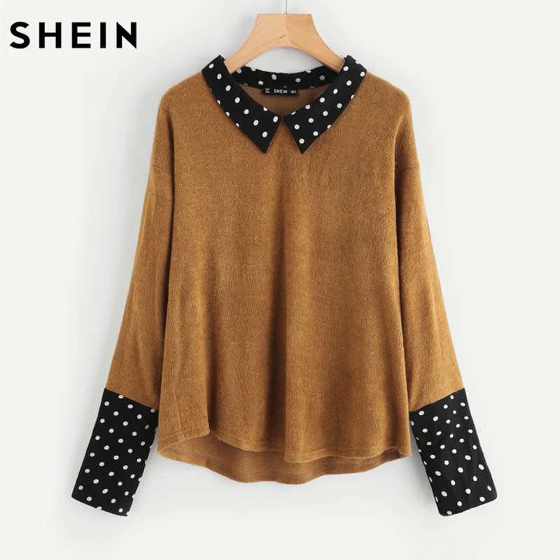 

SHEIN Contrast Polka Dot Collar and Cuff Tee Brown Womens Long Sleeve Tops Autumn Lapel Color Block Casual T-shirt