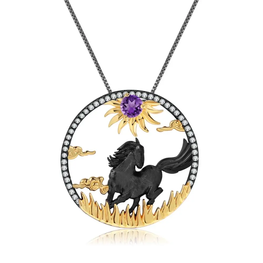 

GEM'S BALLET Natural Amethyst Gemstone Pendant Necklace For Women 925 Sterling Silver Handmade Sun &Pentium Horse Zodiac Jewelry