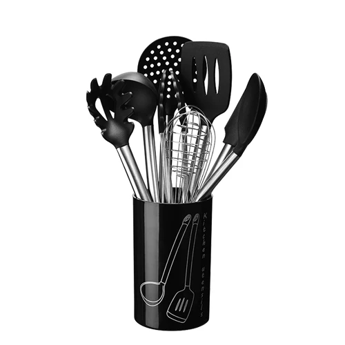 9 шт. набор кухонной утвари инструменты для приготовления пищи термостойкая антипригарная ложка лопатка ковш венчики для взбивания яиц посуда принадлежности - Цвет: Black