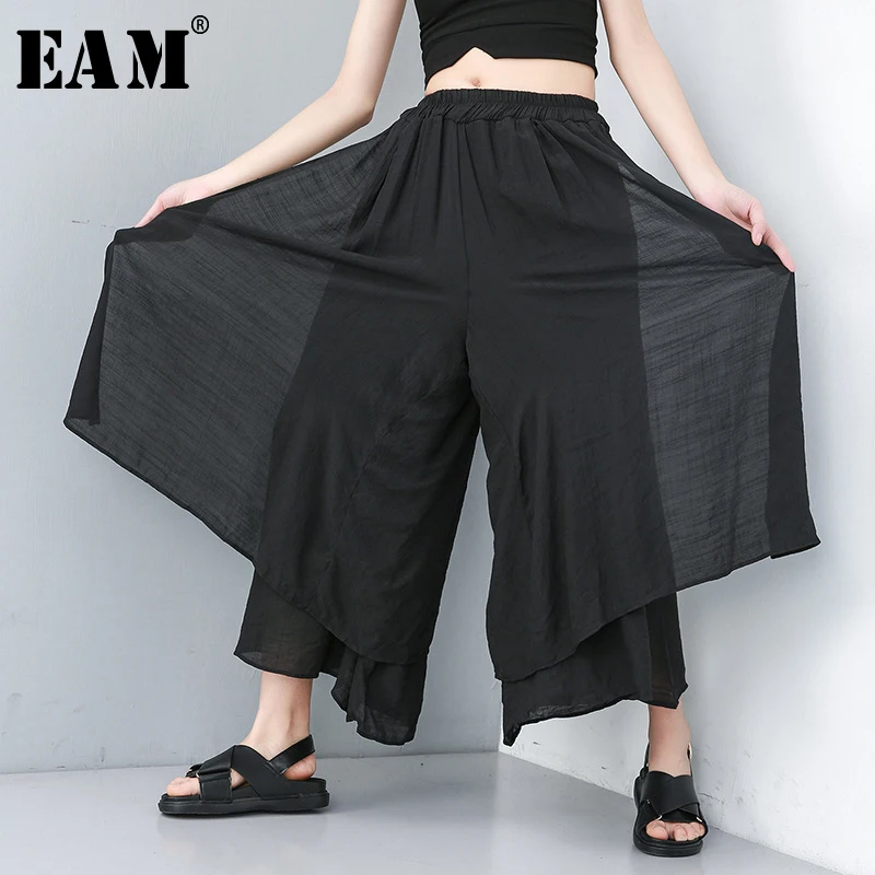 

[EAM] 2019 New Autumn Winter High Elastic Waist Loose Wide Leg Long Split Joint False Two Pants Women Trousers Fashion JU664