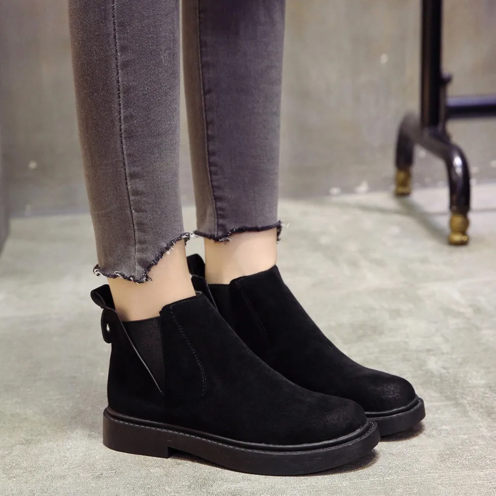 

Winter Women Ankle Boots Round Toe Flat Ladies Boots Solid Suede Ankle Boots Slip-On 2018 Women Short Boots
