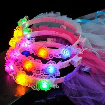 

New Kids Girls Glow Light-Up Veil Flower Headband LED Flashing Grland Wreath Hair Accessory Halloween Glow Party Supplies