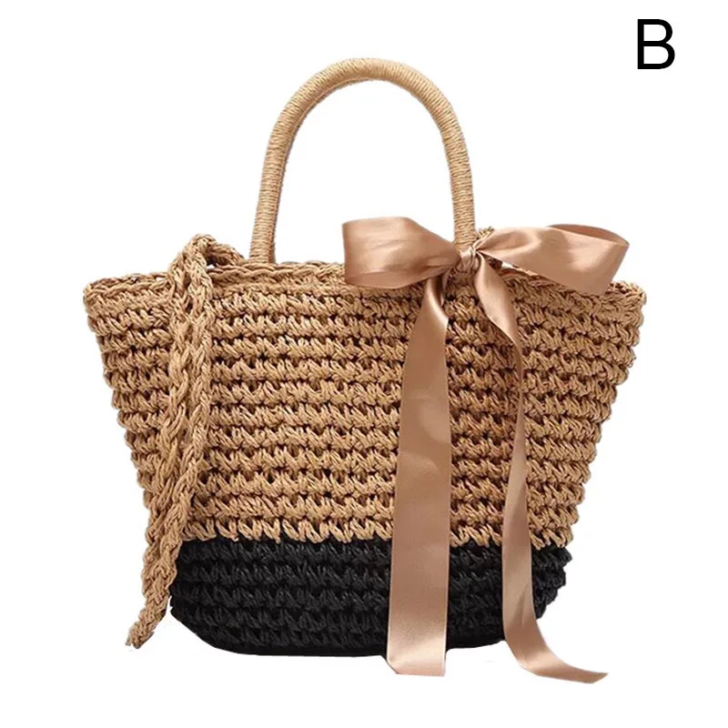 

Hot Selling Women Handbag Straw Weave Shoulder Bag Ribbon Bow Beach Travel Girl Casual Bags -B5