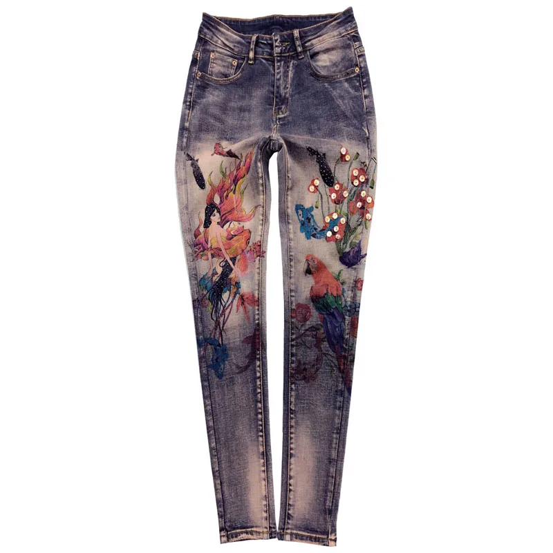 Большие размеры 25-33! 2019 Весенние новые женские узкие джинсы с высокой талией и принтом бриллиантов