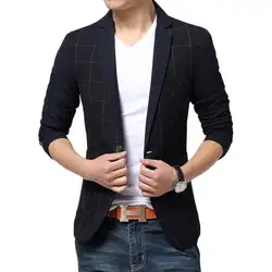 Новое поступление 2017 года плед мужской костюм Мода Дизайн Для мужчин S Черный Slim Fit одной кнопки блейзер костюм куртка Повседневное бренд