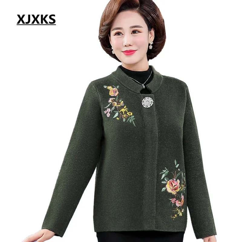 

XJXKS Autumn winter cashmere women's woolen coat 2019 new loose plus size fashion embroidered mandarin collar women's coat