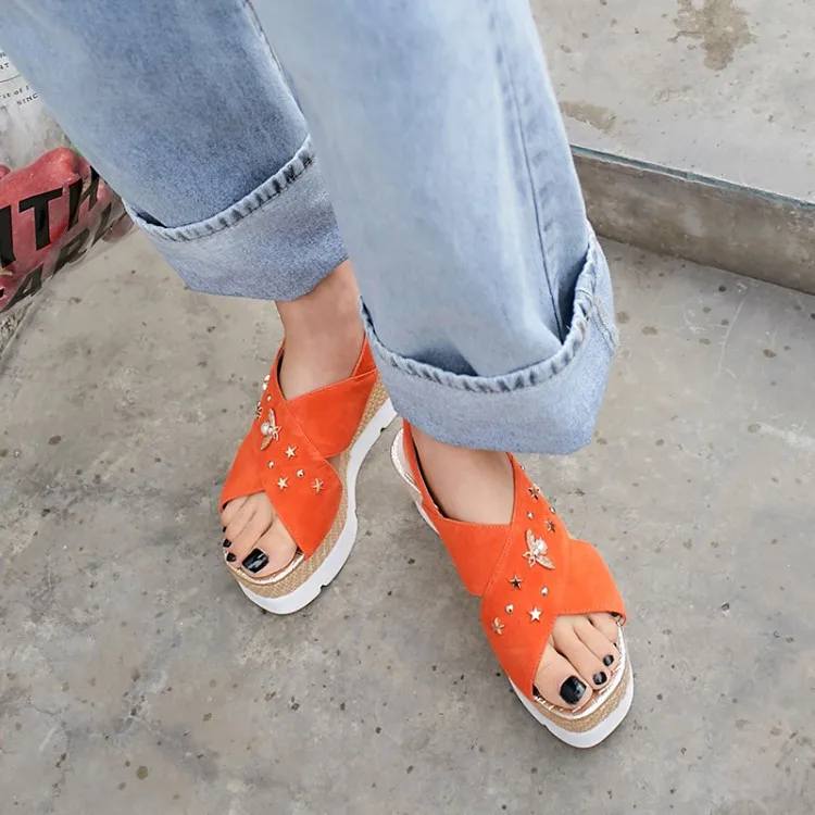 

PXELENA Plus Size 34-43 Women Thick Platform Sandals Kid Suede High Quality Star Rivet Back Strap Party Casual Comfortable Shoes
