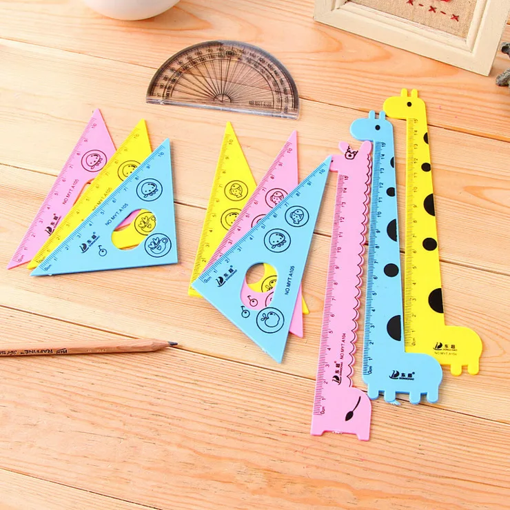 

1pack/lot Cute Cartoon Giraffe design Plastic Straight ruler+Protractor+setsquare set 15cm zakka DIY tools Stationery