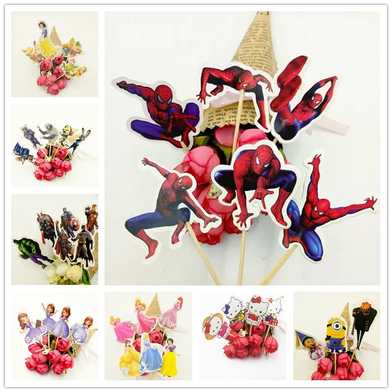 

24pcs/set Minions Sofia Princess Mickey Minnie Mouse Cars Flower Fairy Spiderman Avenger Cake Toppers Birthday Kids Party Supply