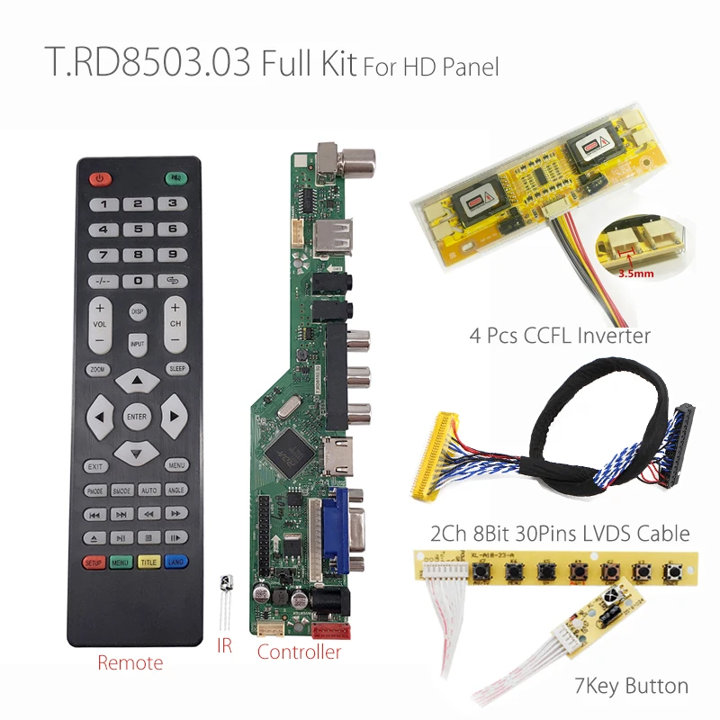 

T.RD8503.03 Universal LCD LED TV Controller Driver Board TV/PC/VGA/HDMI/USB +7 Key button+2ch 8bit 30 LVDS Cable+4 lamp inverter