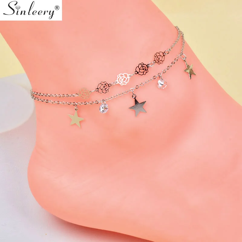 

SINLEERY Sexy Hollow Rose Flower Chain Crystal Stars Pendants 2 Layers Anklets Bracelet Ankle Chain For Women JL011 SSD