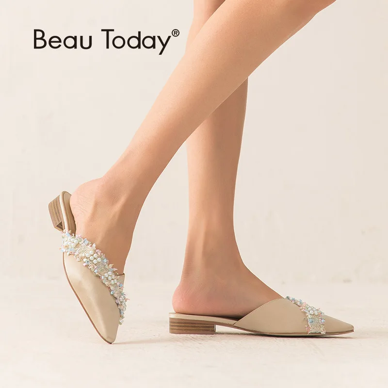 

BeauToday Women Mules Satin Cloth Pointed Toe Beautiful String Bead Spring Summer Ladies Party Flats Handmade 36086