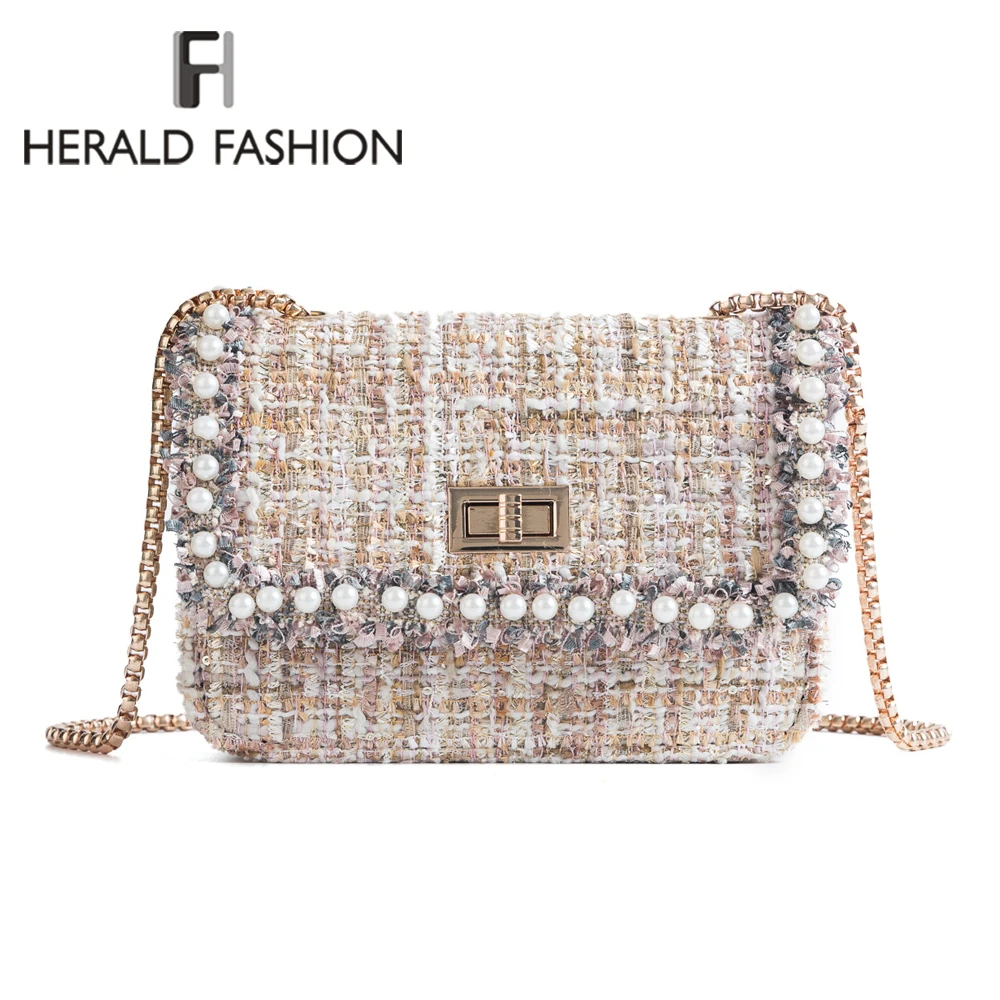 

Herald Fashion High Quality Wool Women Messenger Bags With Pearls Female Chain Shoulder Bags Ladies' Casual Flap Crossbody Bags