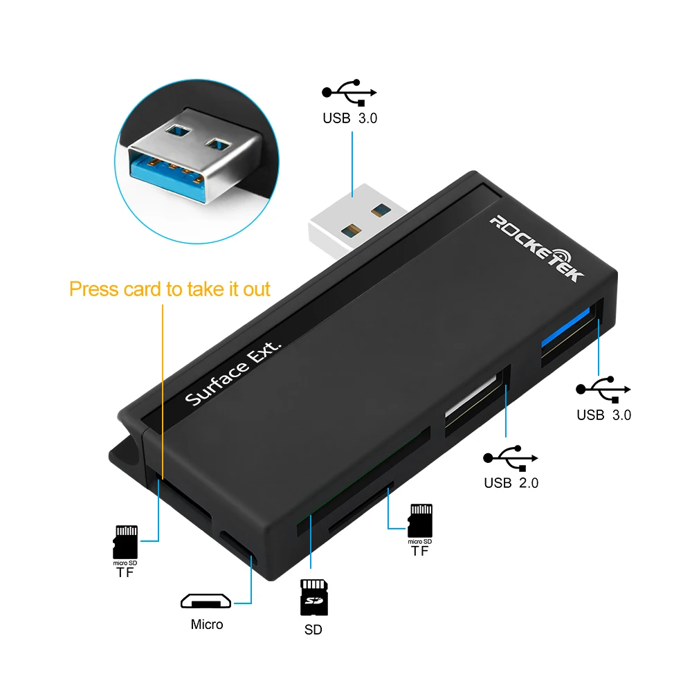 Rocketek USB 3 0 кард ридер 5 в 1 мульти считыватель карт памяти для Mico SD/TF Microfoft Surface Pro 3/4