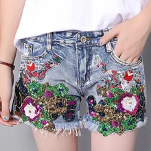 Лето, джинсовые шорты с цветочной вышивкой и пайетками для девочек, модные женские шорты с кисточками, W1735