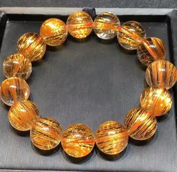 

Natural Copper Rutilated Quartz Crystal Round Beads Bracelet 15mm AAAAA