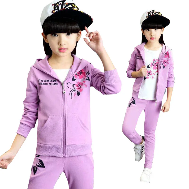 

Kids Clothes 2019 new Spring Autumn cotton Girls Clothes Hooded zipper jacket+Long-sleeved T-shirt+pants 3-14 Baby Girl Clothes