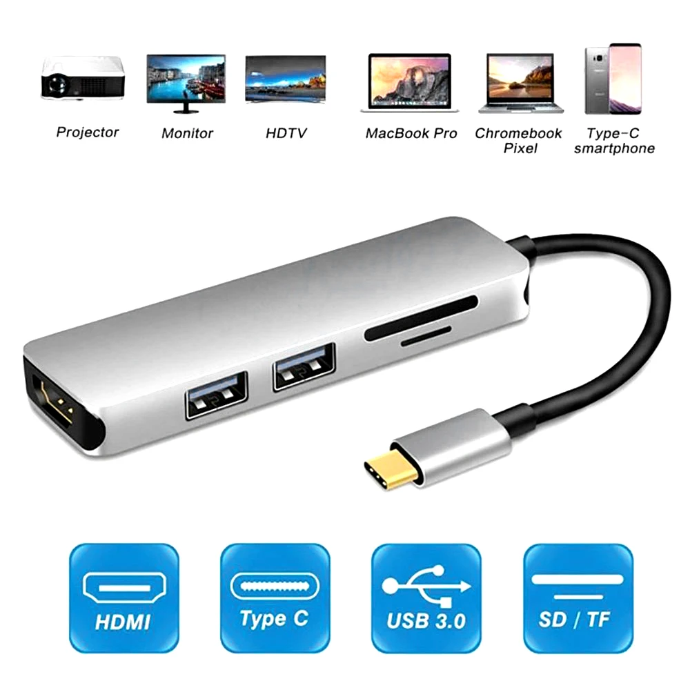 Pro 5 в 1 type C концентратор 4K HDMI выход 2 USB 3,0 порт SD/TF кард-ридер USB-C конвертер многопортовый адаптер для MacBook Chromebook