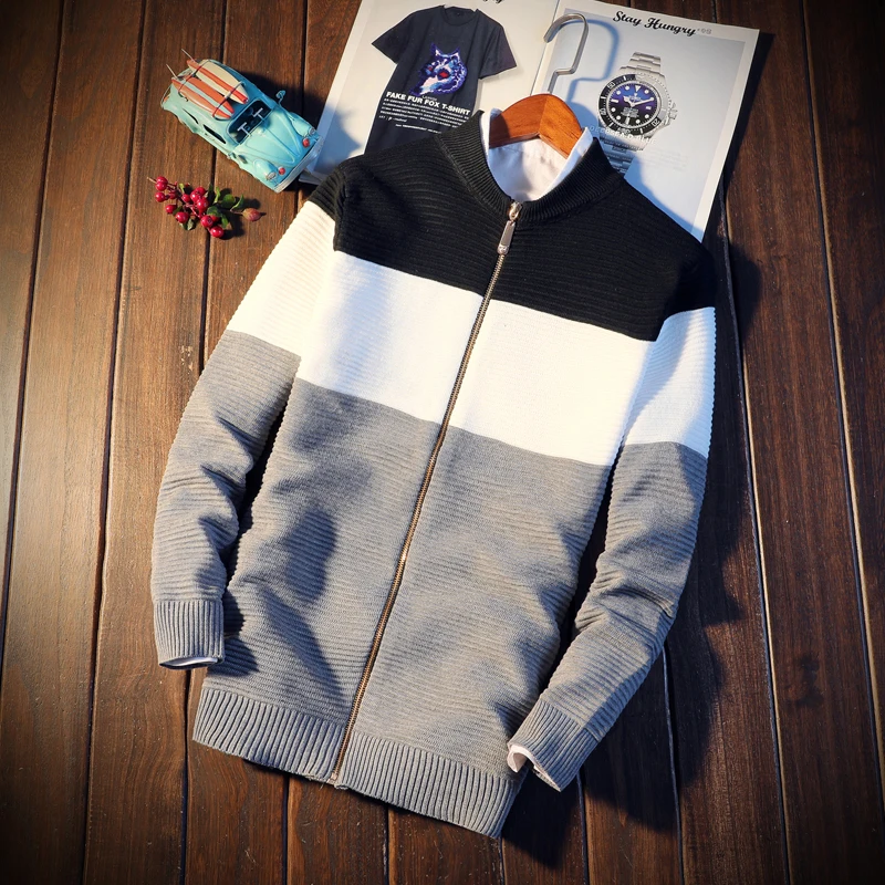 

Sweater Men's Autumn Cardigan Sweater Men's Fashion Stand Collar Striking Color Zipper Sweater Men's Slim Casual Sweater