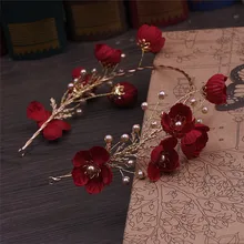 Красная пряжа цветы жемчуг повязка на голову для невесты ручной работы головной убор аксессуары для волос Свадебные