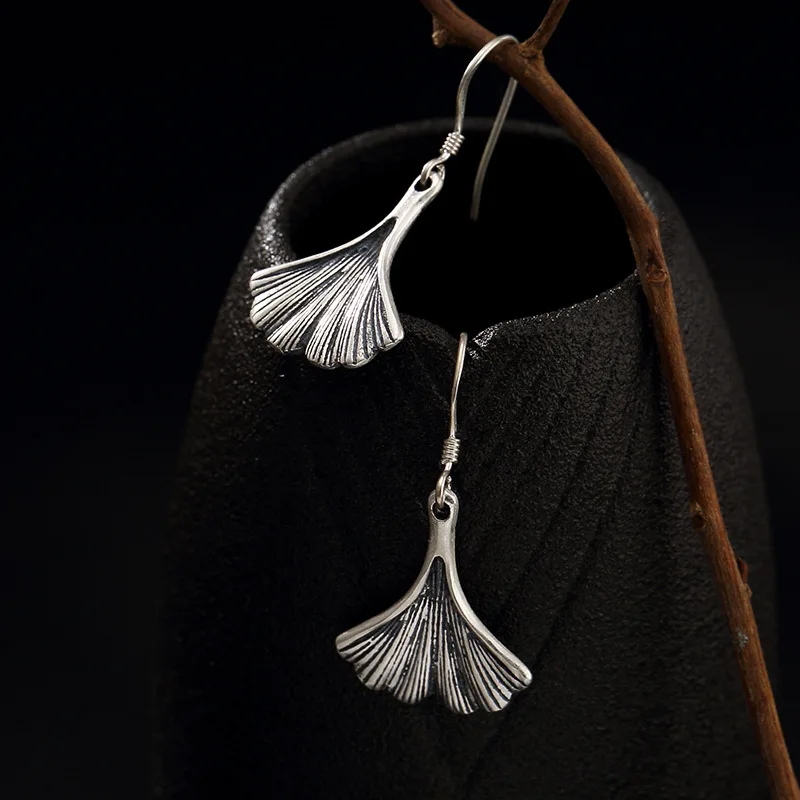 

100% Authentic Real 925 Sterling Silver Ginkgo Leaves Drop Earrings Jewelry Earrings For Women Vintage Chinese Style Jewelry