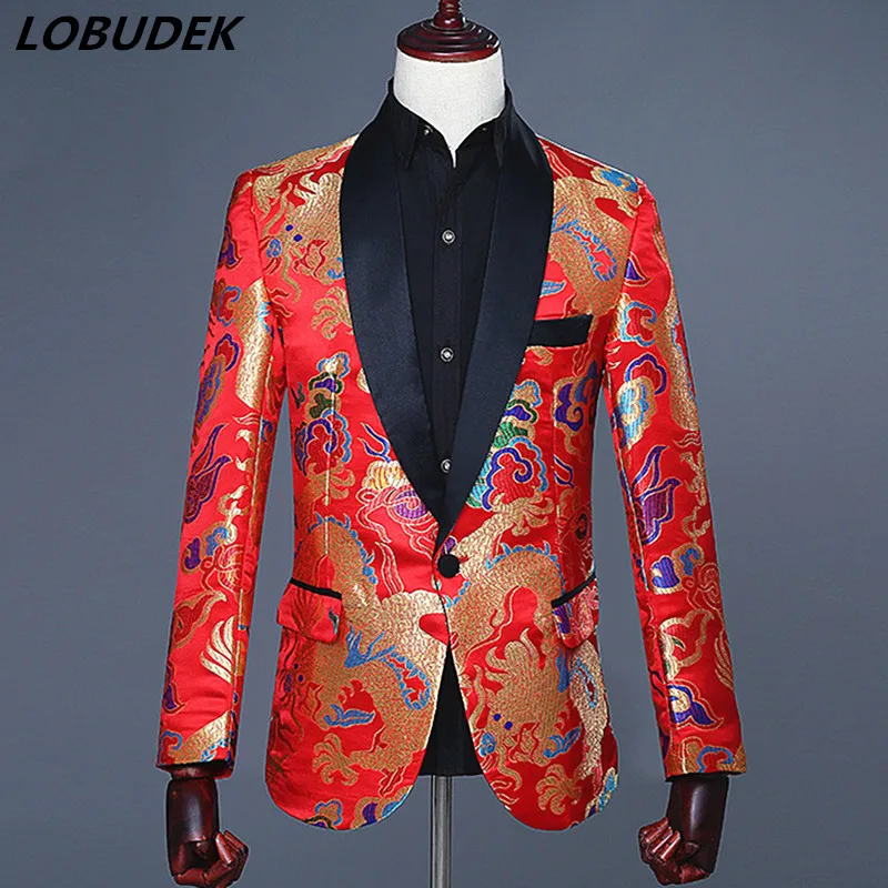 Chinese style Men's Suit Jackets Red Embroidery slim Coat Blazers Male