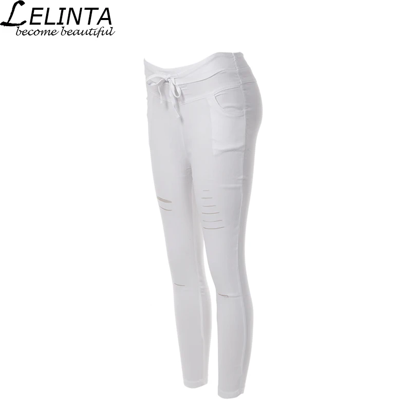 LELINTA Denim Skinny Cut Pencil Pants Ankle Length Stretch Denim Trousers Hole Women Pants Black and White Colors Free Shipping