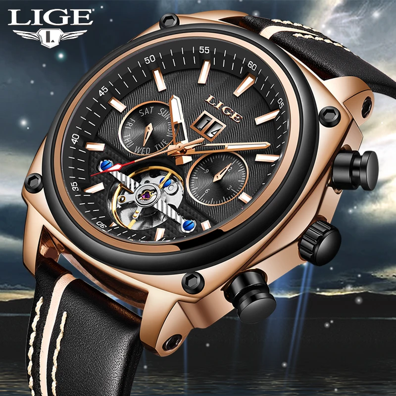 

2018LIGE Luxury Skeleton Tourbillon Sport Mechanical Watch Men Automatic Rose Gold Leather Mechanical Wrist Watches Reloj Hombre