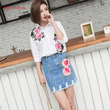 Fairy Dreams 2 Piece Set Women White Shirt Top And Bule Denim Mini Skirt Flowers Print 2017 Spring Summer Suit Fashion Clothing