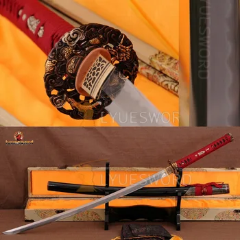 

LYUESWORD JAPANESE BATTLE READY KATANA SAMURAI SWORD DAMASCUS CLAY TEMPERED ABRASIVE BLADE OX HORN SAYA BRASS TSUBA REAL CUT