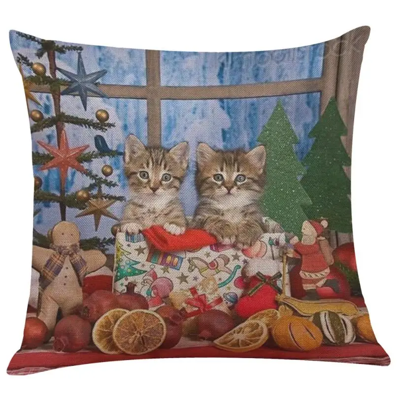 45* 45cm Cat Christmas Cotton Linen Throw Pillow Cushion Cover Car Home Decor Bed Sofa Decorative Pillowcase funda cojin 807