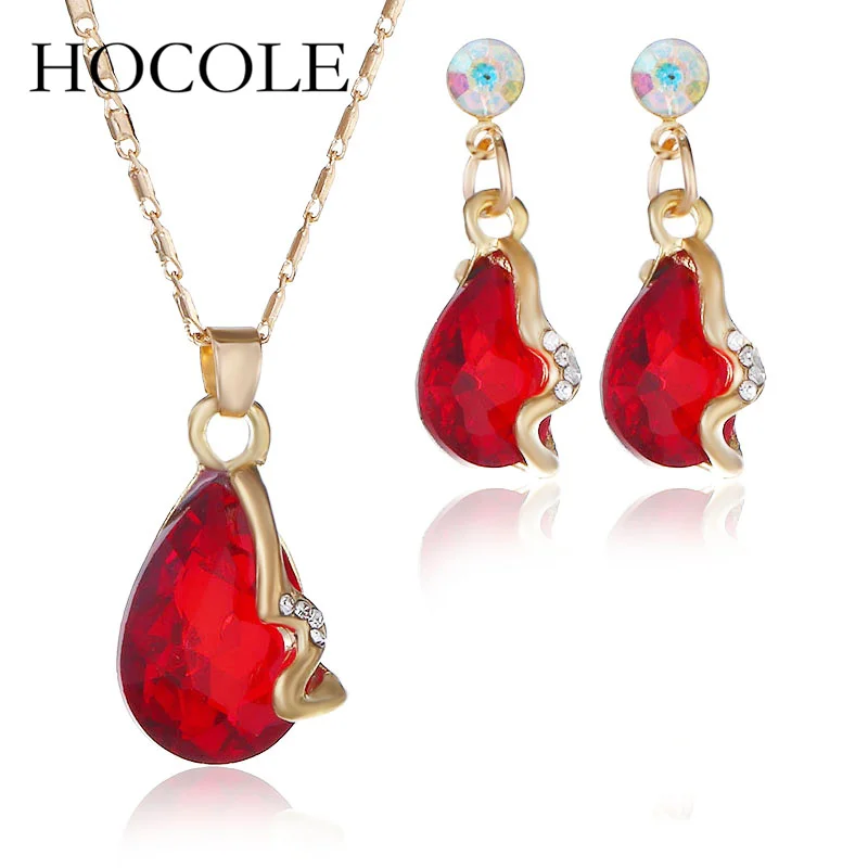 

HOCOLE Gorgeous Gold Color Red Rhinestones Crystals Wedding Jewelry Set Bridal Necklace Earrings Set Party Jewelry Sets Women