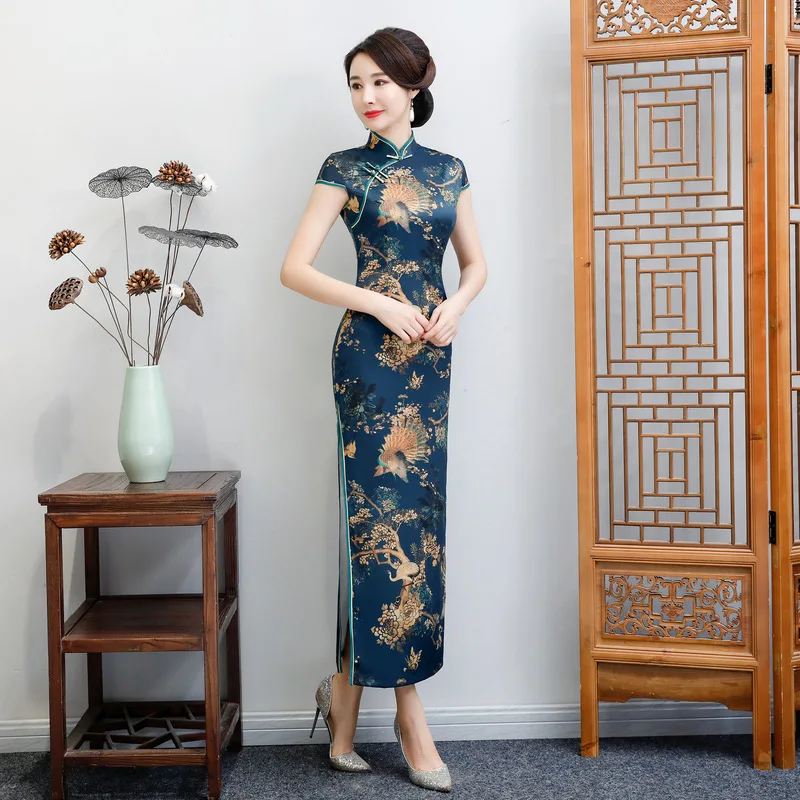 Полиэстер длинный Cheongsam M-4XL модное китайское платье с коротким рукавом женское Qipao тонкое вечернее платье Летнее женское платье