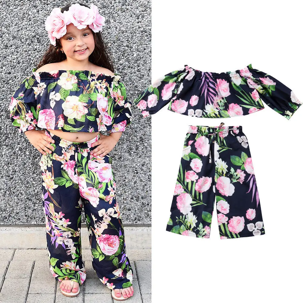 

Summer Fashion 2-6Y Toddler Baby Girls Clothes Sets 2PCS Long Sleeve Off Shoulder Floral Print T-Shirts Tops+Wide Leg Pants