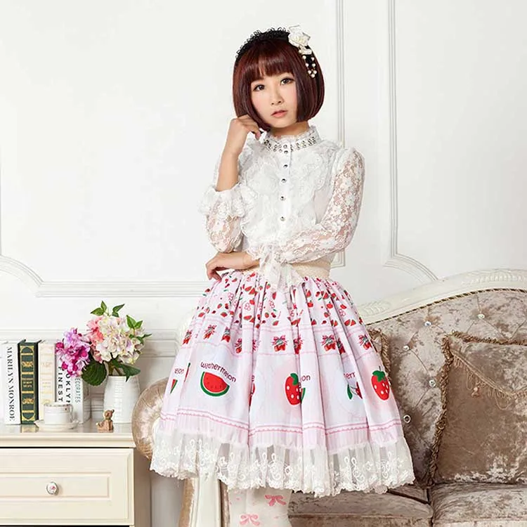 Милая японская юбка Лолиты с принтом фруктов для девочек с кружевной отделкой