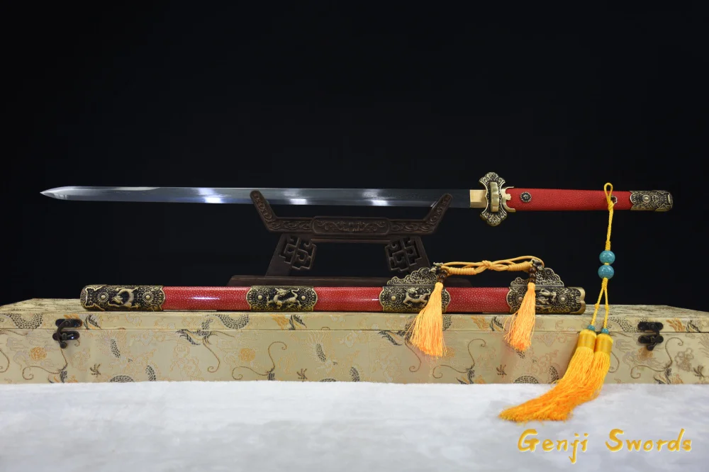 Full Handmade Chinese Tang Sword Damascus Folded Steel Real Sharp Edge Full Fish Leather Saya